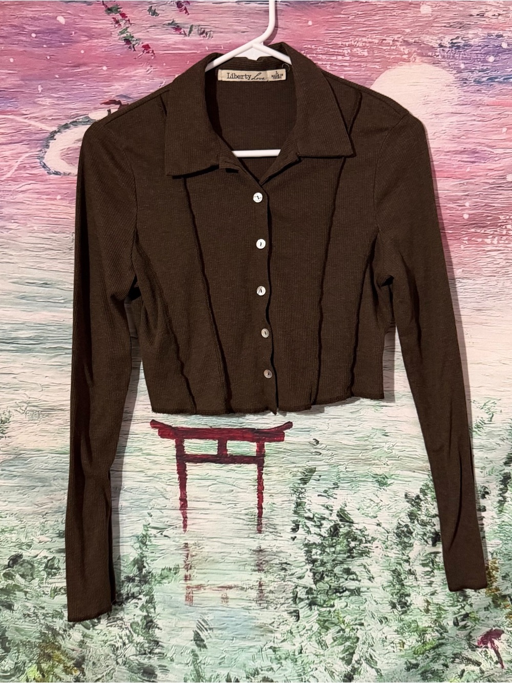 Liberty Love Brown Ribbed Button‑Front Cropped Shirt